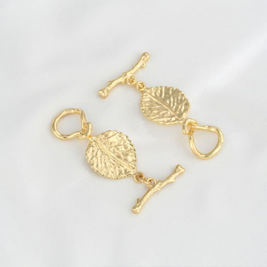 1 セット エコフレンドリー 真鍮 トグルクラスプ 14Kリアルゴールドメッキ 葉 3.5cm x 1.5cm、 の画像