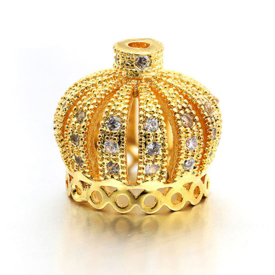 Picture of 1 Piece Eco-friendly Brass Tassel Beads Cap Crown 18K Gold Plated Micro Pave Clear Cubic Zirconia 14mm x 13mm