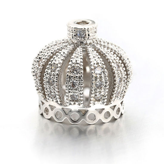 Picture of 1 Piece Eco-friendly Brass Tassel Beads Cap Crown Platinum Plated Micro Pave Clear Cubic Zirconia 14mm x 13mm