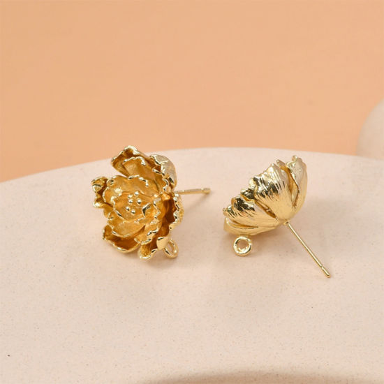 Image de 2 PCs Brass Ear Post Stud Earring For DIY Jewelry Making Accessories 18K Gold Plated Flower With Loop 18mm