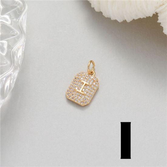 Picture of 1 Piece Brass Micro Pave Charms 14K Gold Plated Rectangle Capital Alphabet Initial Letter Message " I " Clear Cubic Zirconia 17mm x 9mm