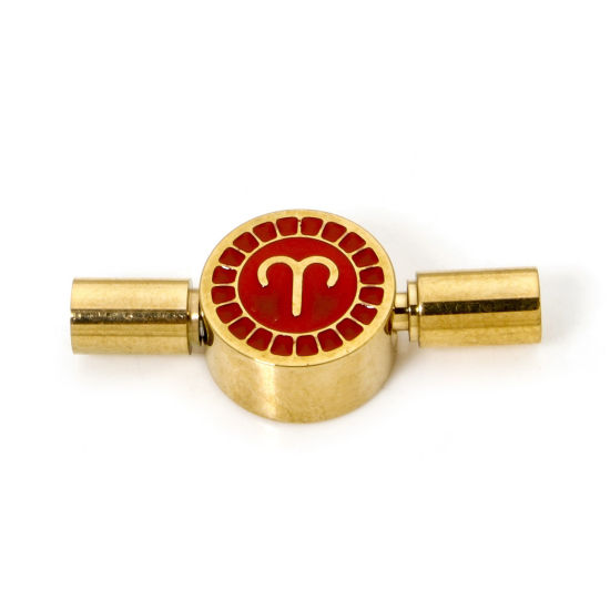 Picture of 1 Piece Eco-friendly PVD Vacuum Plating 304 Stainless Steel Pinch Clasp Round Aries Sign Of Zodiac Constellations 18K Gold Plated Red Enamel 23mm x 10mm