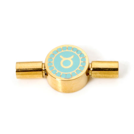 Picture of 1 Piece Eco-friendly PVD Vacuum Plating 304 Stainless Steel Enamel Pinch Clasp Round Taurus Sign Of Zodiac Constellations 18K Gold Plated Mint Green Rotatable (Fits Cord Size: 3mm) 23mm x 10mm