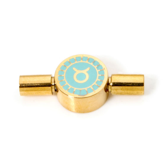 Picture of 1 Piece Eco-friendly PVD Vacuum Plating 304 Stainless Steel Pinch Clasp Round Taurus Sign Of Zodiac Constellations 18K Gold Plated Mint Green Enamel 23mm x 10mm