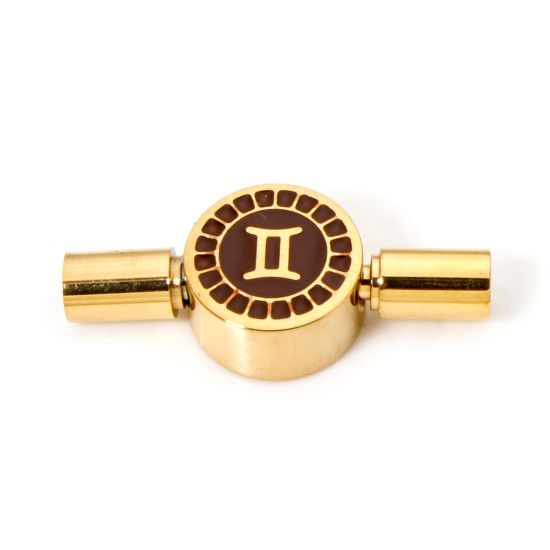 Picture of 1 Piece Eco-friendly PVD Vacuum Plating 304 Stainless Steel Pinch Clasp Round Gemini Sign Of Zodiac Constellations 18K Gold Plated Coffee Enamel 23mm x 10mm