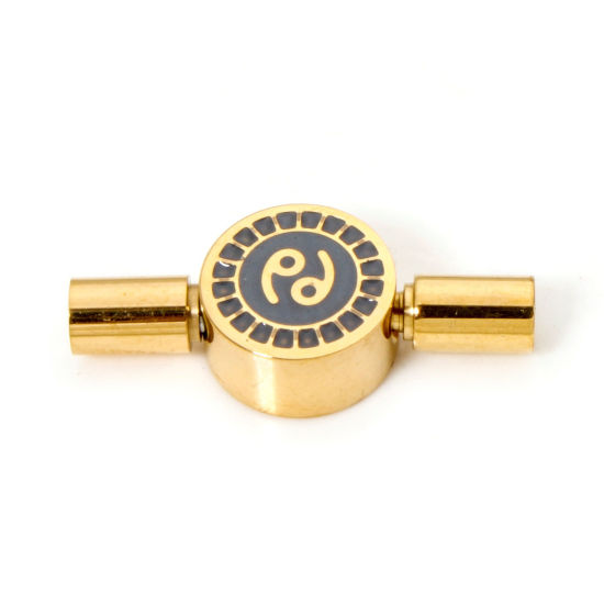 Picture of 1 Piece Eco-friendly PVD Vacuum Plating 304 Stainless Steel Pinch Clasp Round Cancer Sign Of Zodiac Constellations 18K Gold Plated Gray Enamel 23mm x 10mm