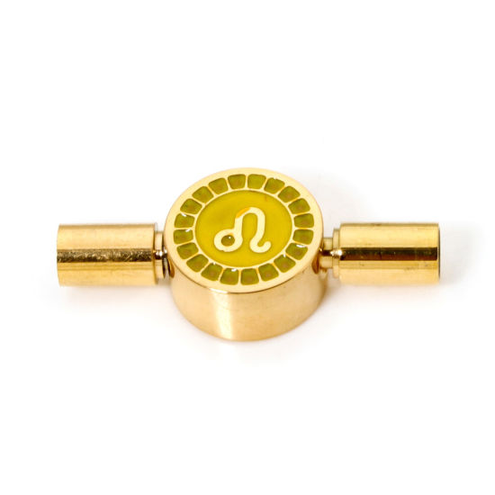 Picture of 1 Piece Eco-friendly PVD Vacuum Plating 304 Stainless Steel Pinch Clasp Round Leo Sign Of Zodiac Constellations 18K Gold Plated Yellow Enamel 23mm x 10mm