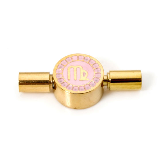 Picture of 1 Piece Eco-friendly PVD Vacuum Plating 304 Stainless Steel Pinch Clasp Round Virgo Sign Of Zodiac Constellations 18K Gold Plated Pink Enamel 23mm x 10mm