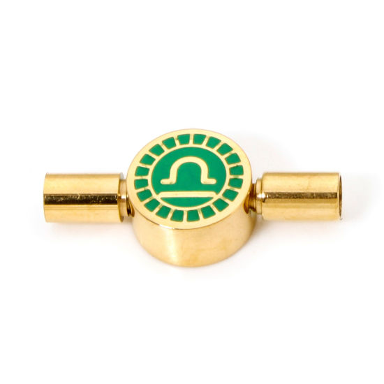 Picture of 1 Piece Eco-friendly PVD Vacuum Plating 304 Stainless Steel Pinch Clasp Round Libra Sign Of Zodiac Constellations 18K Gold Plated Green Enamel 23mm x 10mm