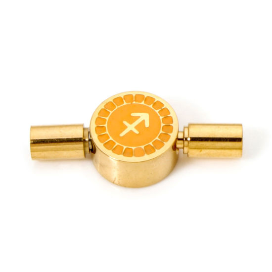 Picture of 1 Piece Eco-friendly PVD Vacuum Plating 304 Stainless Steel Pinch Clasp Round Sagittarius Sign Of Zodiac Constellations 18K Gold Plated Orange Enamel 23mm x 10mm