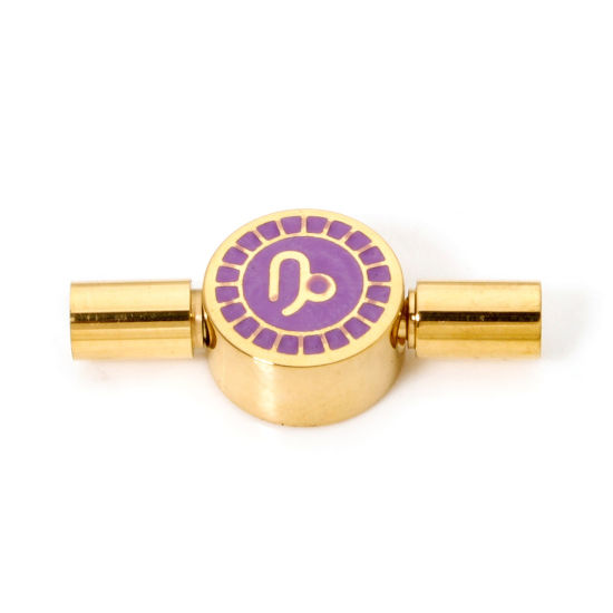 Picture of 1 Piece Eco-friendly PVD Vacuum Plating 304 Stainless Steel Pinch Clasp Round Capricornus Sign Of Zodiac Constellations 18K Gold Plated Purple Enamel 23mm x 10mm