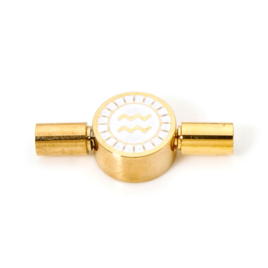 Picture of 1 Piece Eco-friendly PVD Vacuum Plating 304 Stainless Steel Pinch Clasp Round Aquarius Sign Of Zodiac Constellations 18K Gold Plated Enamel 23mm x 10mm