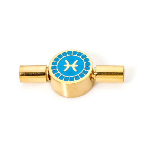 Picture of 1 Piece Eco-friendly PVD Vacuum Plating 304 Stainless Steel Pinch Clasp Round Pisces Sign Of Zodiac Constellations 18K Gold Plated Blue Enamel 23mm x 10mm