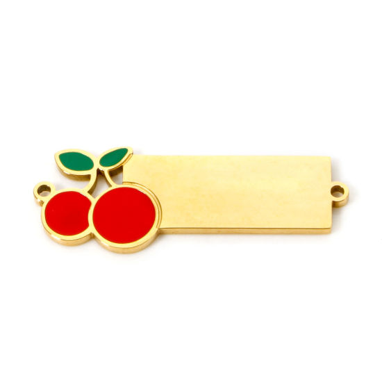 Picture of 1 Piece 304 Stainless Steel Blank Stamping Tags Connectors Charms Pendants Rectangle Cherry Fruit 18K Gold Plated Enamel 3.1cm x 1cm