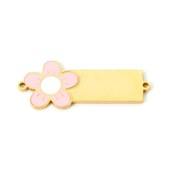 Picture of 1 Piece 304 Stainless Steel Blank Stamping Tags Connectors Charms Pendants Rectangle Flower 18K Gold Plated Enamel 3.1cm x 1cm