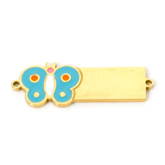 Picture of 1 Piece 304 Stainless Steel Blank Stamping Tags Connectors Charms Pendants Rectangle Butterfly 18K Gold Plated Enamel 3.1cm x 1cm