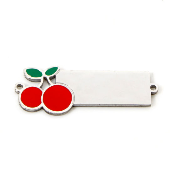 Picture of 1 Piece 304 Stainless Steel Blank Stamping Tags Connectors Charms Pendants Rectangle Cherry Fruit Silver Tone Enamel 3.1cm x 1cm