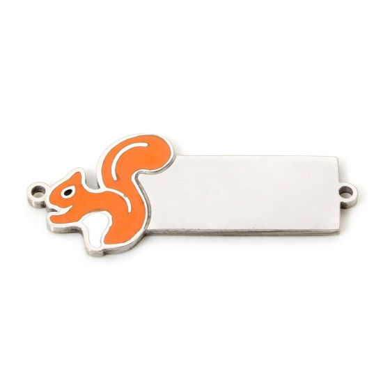 Picture of 1 Piece 304 Stainless Steel Blank Stamping Tags Connectors Charms Pendants Rectangle Squirrel Silver Tone Enamel 3.1cm x 1cm