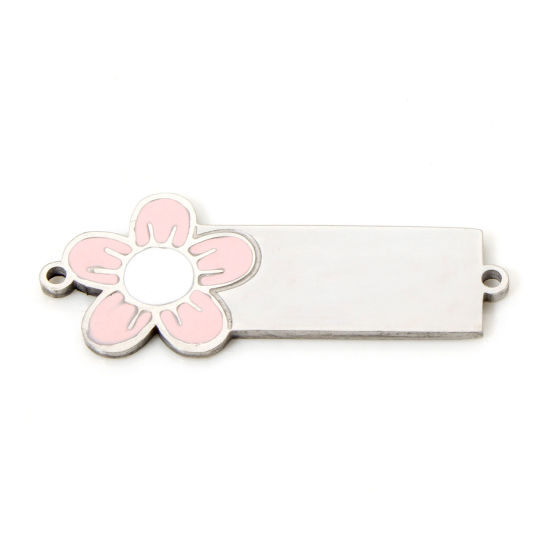 Picture of 1 Piece 304 Stainless Steel Blank Stamping Tags Connectors Charms Pendants Rectangle Flower Silver Tone Enamel 3.1cm x 1cm