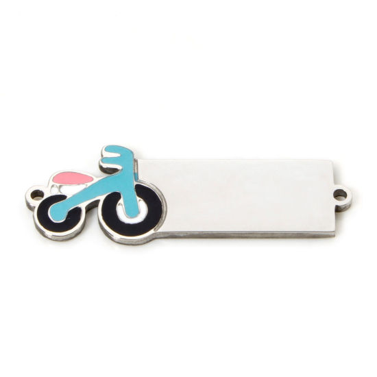 Picture of 1 Piece 304 Stainless Steel Blank Stamping Tags Connectors Charms Pendants Rectangle Bicycle Silver Tone Enamel 3.1cm x 1cm