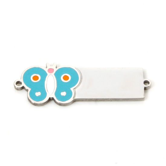 Picture of 1 Piece 304 Stainless Steel Blank Stamping Tags Connectors Charms Pendants Rectangle Butterfly Silver Tone Enamel 3.1cm x 1cm