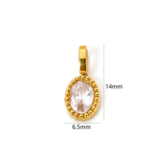 Picture of 2 PCs Eco-friendly PVD Vacuum Plating 304 Stainless Steel Charms 14K Gold Plated Oval Clear Cubic Zirconia 14mm x 6.5mm