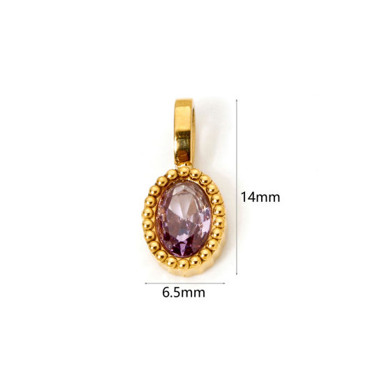 Picture of 2 PCs Eco-friendly PVD Vacuum Plating 304 Stainless Steel Charms 14K Gold Plated Oval Purple Cubic Zirconia 14mm x 6.5mm