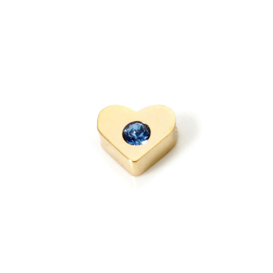 Picture of 2 PCs Eco-friendly PVD Vacuum Plating 304 Stainless Steel Birthstone Beads For DIY Jewelry Making Heart 14K Gold Plated March About Blue Cubic Zirconia 7mm x 6mm, Hole: Approx 1.2mm