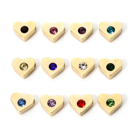 Picture of 1 Set Eco-friendly PVD Vacuum Plating 304 Stainless Steel Birthstone Beads For DIY Jewelry Making Heart 14K Gold Plated About Multicolour Cubic Zirconia 7mm x 6mm, Hole: Approx 1.2mm