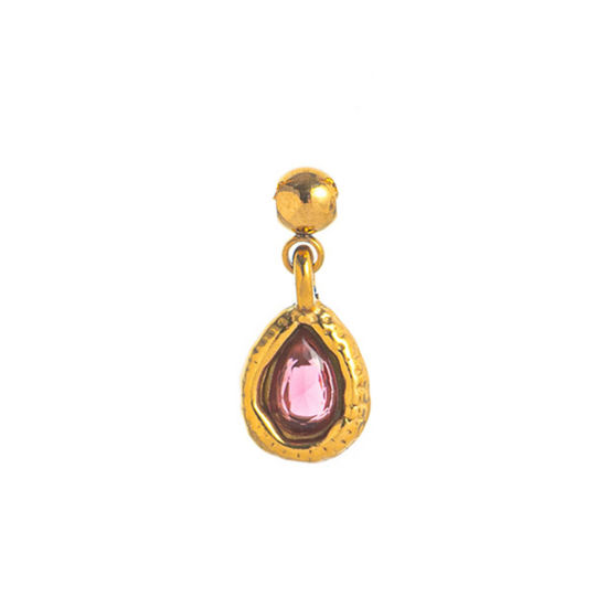 Picture of 1 Piece Eco-friendly PVD Vacuum Plating 304 Stainless Steel Birthstone Charms 18K Gold Plated July Swipeable Fuchsia Cubic Zirconia 17mm x 8mm