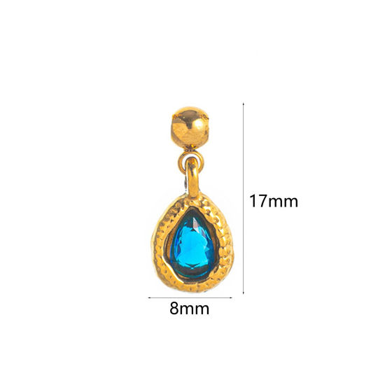 Picture of 1 Piece Eco-friendly PVD Vacuum Plating 304 Stainless Steel Birthstone Charms 18K Gold Plated September Swipeable Royal Blue Cubic Zirconia 17mm x 8mm