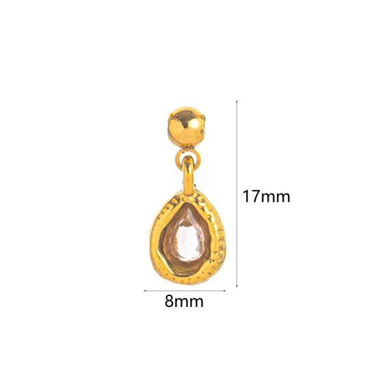 Picture of 1 Piece Eco-friendly PVD Vacuum Plating 304 Stainless Steel Birthstone Charms 18K Gold Plated October Swipeable Pink Cubic Zirconia 17mm x 8mm