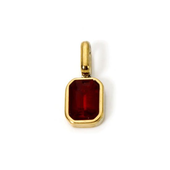 Picture of 1 Piece Eco-friendly PVD Vacuum Plating 304 Stainless Steel Birthstone Charms 18K Gold Plated Octagon January Wine Red Cubic Zirconia 16mm x 7mm