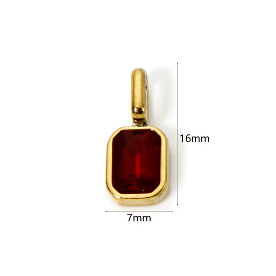 Picture of 1 Piece Eco-friendly PVD Vacuum Plating 304 Stainless Steel Birthstone Charms 18K Gold Plated Octagon January Wine Red Cubic Zirconia 16mm x 7mm