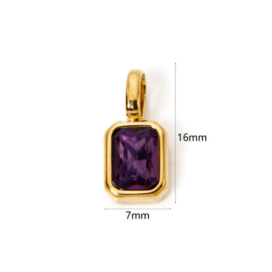 Picture of 1 Piece Eco-friendly PVD Vacuum Plating 304 Stainless Steel Birthstone Charms 18K Gold Plated Octagon February Purple Cubic Zirconia 16mm x 7mm