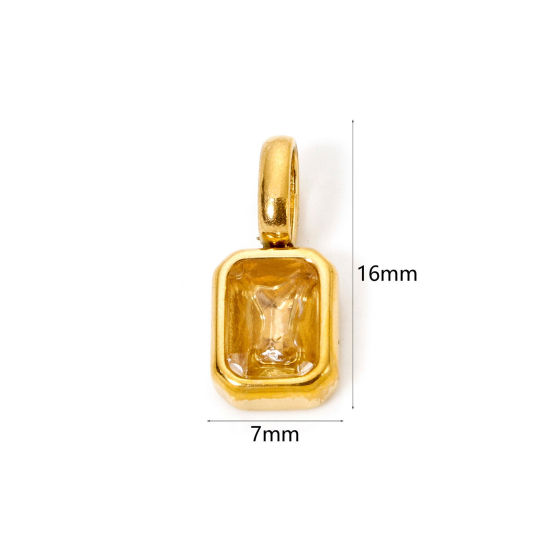 Picture of 1 Piece Eco-friendly PVD Vacuum Plating 304 Stainless Steel Birthstone Charms 18K Gold Plated Octagon April Pale Yellow Cubic Zirconia 16mm x 7mm