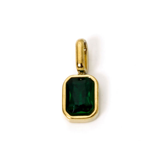 Picture of 1 Piece Eco-friendly PVD Vacuum Plating 304 Stainless Steel Birthstone Charms 18K Gold Plated Octagon May Emerald Cubic Zirconia 16mm x 7mm