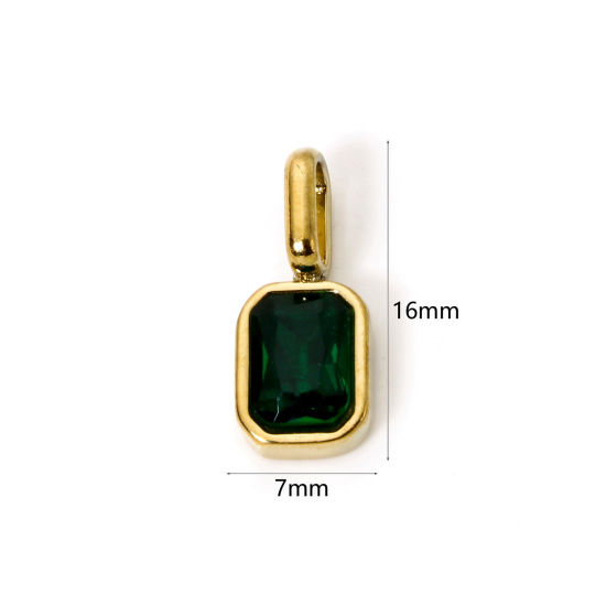 Picture of 1 Piece Eco-friendly PVD Vacuum Plating 304 Stainless Steel Birthstone Charms 18K Gold Plated Octagon May Emerald Cubic Zirconia 16mm x 7mm