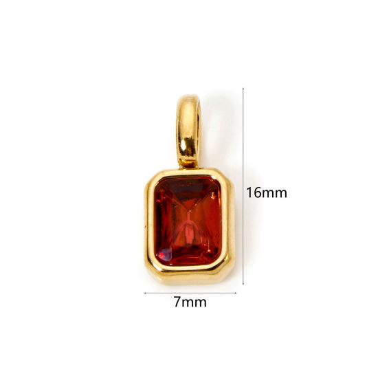 Picture of 1 Piece Eco-friendly PVD Vacuum Plating 304 Stainless Steel Birthstone Charms 18K Gold Plated Octagon July Red Brown Cubic Zirconia 16mm x 7mm