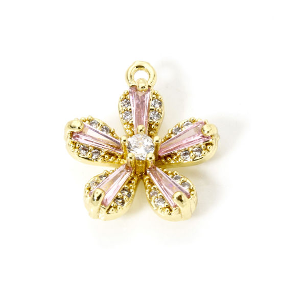 Picture of 2 PCs Brass Charms 18K Gold Plated Flower Micro Pave Clear Cubic Zirconia Pink Rhinestone 16mm x 14mm