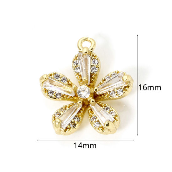 Picture of 2 PCs Brass Charms 18K Gold Plated Flower Micro Pave Clear Cubic Zirconia Clear Rhinestone 16mm x 14mm