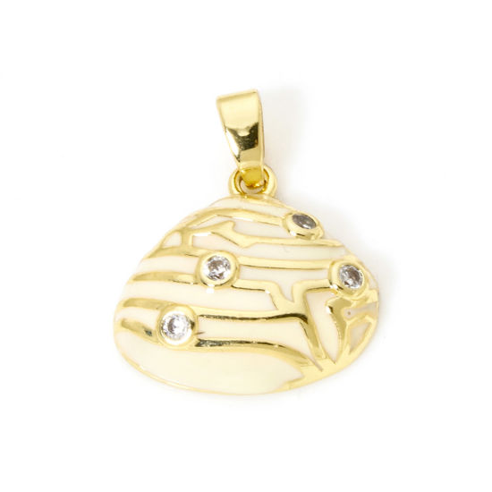 Picture of 2 PCs Brass Charm Pendant 18K Gold Plated Yellow Shell Enamel Clear Cubic Zirconia 20mm x 16mm