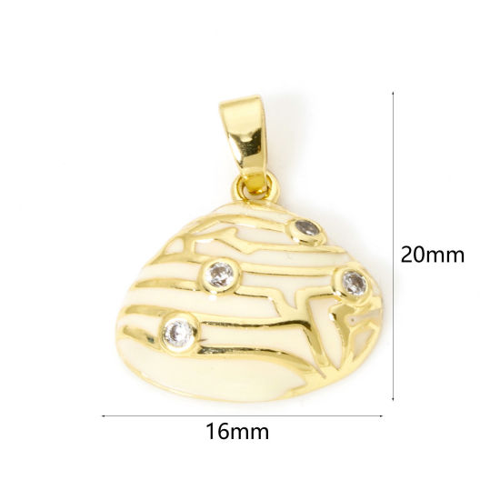 Picture of 2 PCs Brass Charm Pendant 18K Gold Plated Yellow Shell Enamel Clear Cubic Zirconia 20mm x 16mm