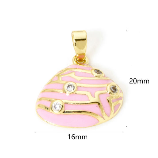 Picture of 2 PCs Brass Charm Pendant 18K Gold Plated Pink Shell Enamel Clear Cubic Zirconia 20mm x 16mm