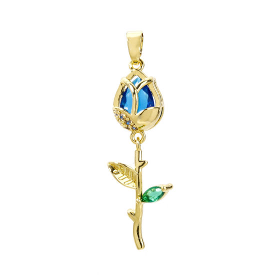 Picture of 2 PCs Brass Pendants 18K Gold Plated Tulip Flower Micro Pave Clear Cubic Zirconia Royal Blue Rhinestone 3.8cm x 1.2cm