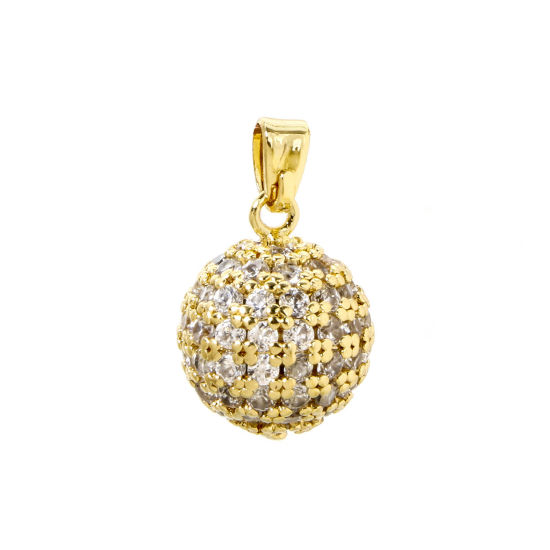 Image de 2 PCs Brass Charm Pendant 18K Gold Plated Ball Micro Pave Clear Cubic Zirconia 19mm x 11.5mm