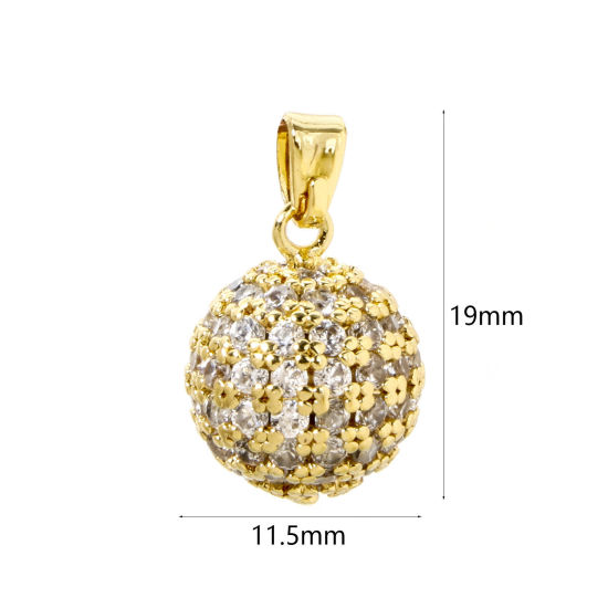 Image de 2 PCs Brass Charm Pendant 18K Gold Plated Ball Micro Pave Clear Cubic Zirconia 19mm x 11.5mm