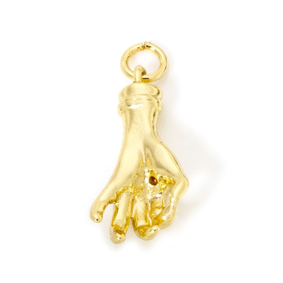 Picture of 2 PCs Brass Charms 18K Gold Plated Hand Sign Gesture 3D 24mm x 10.5mm