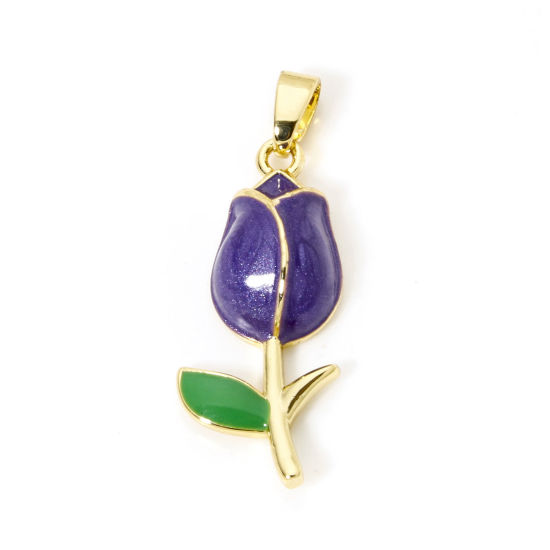 Picture of 2 PCs Brass Charm Pendant 18K Gold Plated Purple Tulip Flower Enamel 29mm x 10mm