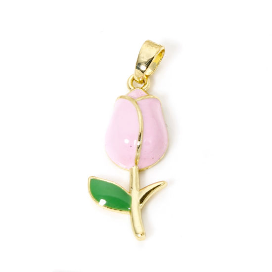 Picture of 2 PCs Brass Charm Pendant 18K Gold Plated Pink Tulip Flower Enamel 29mm x 10mm